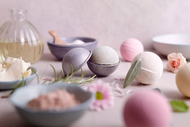 Making Bath Bombs At Home Natural bath bomb ingredients. Epsom Salts stock pictures, royalty-free photos & images