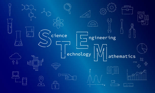 Concept illustration of STEM education with icons scattered on the background (vector) Concept illustration of STEM education with icons scattered on the background (vector) science and technology research stock illustrations