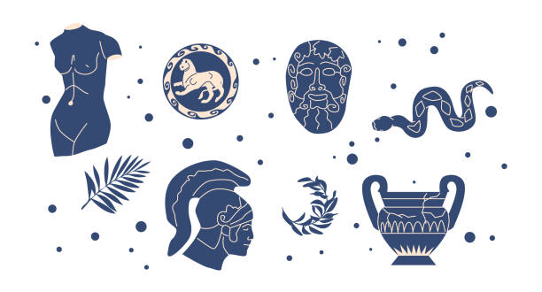다양한 골동품 동상. 제우스의 머리, 기사, 가지, 암포라, 사자와 함께 접시. 신화적인 그리스 고대 조각 - amphora ancient past greece stock illustrations