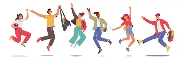 Vector illustration of Set of Happy Students Characters Jumping with Backpacks and Textbooks. Schoolboys or Schoolgirls Laughing, Waving Hands
