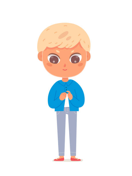 Boy wearing cotton blue shirt, isolated adorable child buttoning shirt, fastening buttons Boy wearing cotton blue shirt vector illustration. Cartoon isolated adorable child buttoning shirt, kid fastening buttons on clothes, standing school student dressing himself, ready to walk outside boy getting dressed for school stock illustrations