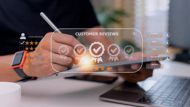 istock User give rating to service experience on online application, Customer review satisfaction feedback survey concept, Customer can evaluate quality of service leading to reputation ranking of business. 1421442591