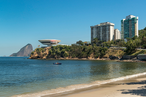 Museum of Contemporary Art, Niteroi, with sugar bread in the background, Rio de Janeiro, Brazil on September 01, 2022.