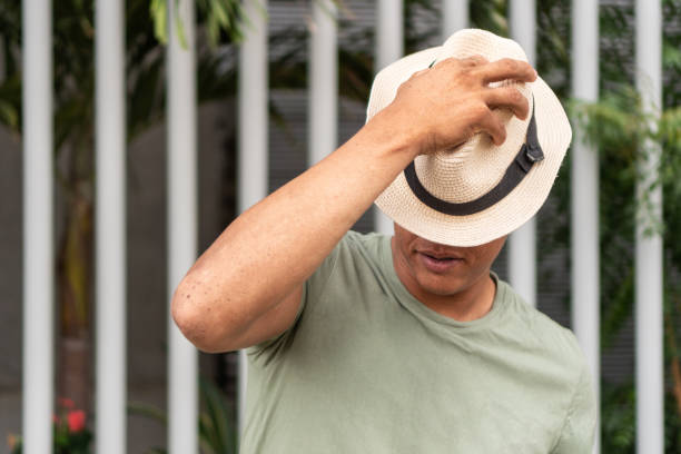 istock Man covers his face with a hat while standing in the open air 1421445161