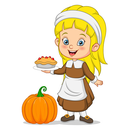 Vector Illustration of Cute little pilgrim girl cartoon holding pumpkin pie
