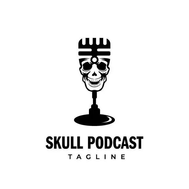 Vector illustration of Retro Microphone Skull Head Podcast icon Template