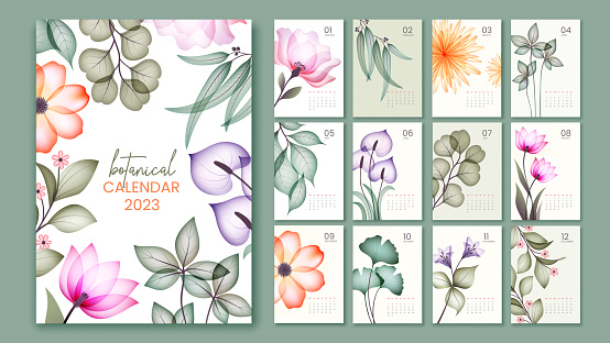 2023 botanical calendar. Beautiful templates with twelve months, blooming plants and watercolor flowers with leaves. Design element for print. Cartoon flat vector set isolated on green background