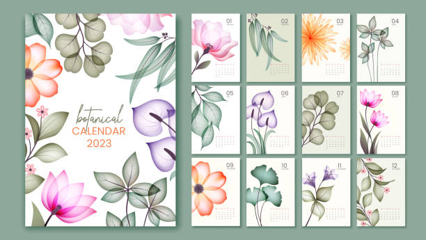 2023 botanical vector calendar 2023 botanical calendar. Beautiful templates with twelve months, blooming plants and watercolor flowers with leaves. Design element for print. Cartoon flat vector set isolated on green background watercolor flower stock illustrations
