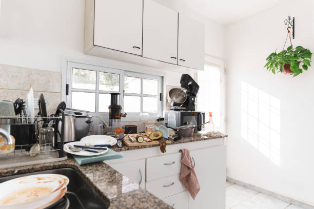 Dirty kitchen in the morning. Apartment indoor background stock photo