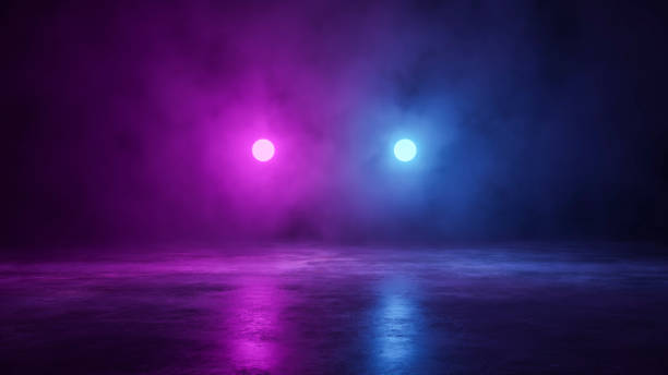 istock Two neon spheres in smoke over the concrete surface, modern design. 1421458139
