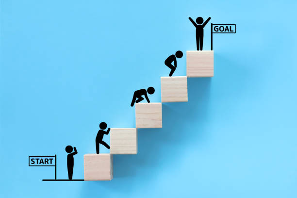 ゴールに向かって階段を上るピクトグラム。 - 目標 ストックフォトと画像