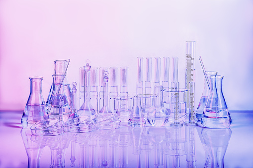 Laboratory equipment. Glass tubes, flask, erlenmeyer, beaker, petri dish, balloon and other chemical and medicine lab measuring equipment. Testing equipments set for science experiments or measuring.
