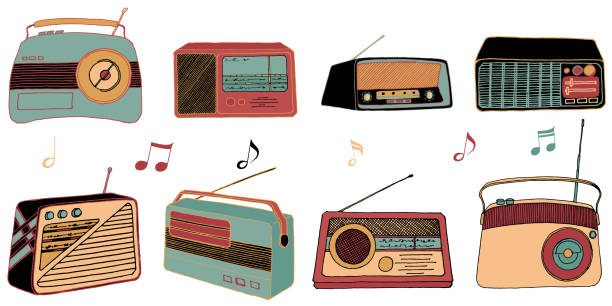 illustrations, cliparts, dessins animés et icônes de ensemble vectoriel avec différentes radios rétro dans un style graphique de dessin animé des années 90. - printed media audio