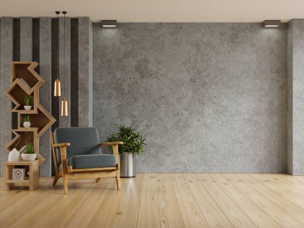 istock Living room interior style loft with armchair on empty concrete wall. 1421461374