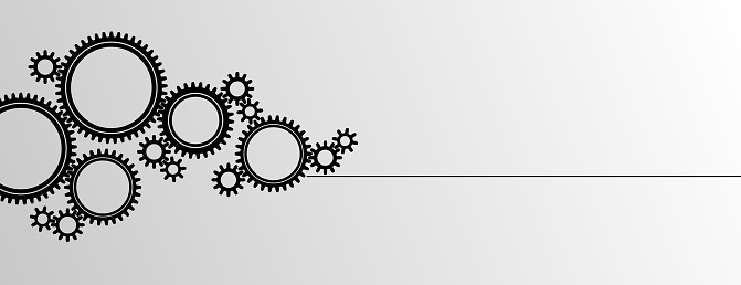 Mechanical cogwheel group banner. Small and large sprockets. Black silhouette gear icon design element. White background. Vector illustration.