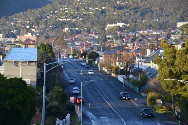 Early morning sun on the steep streets around the Hobart suburb of Sandy Bay. stock photo