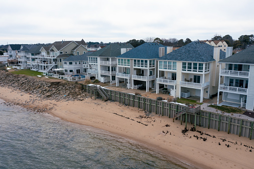 Aerial view of homes right on the shore of the Chesapeake Bay in Norfolk Virginia