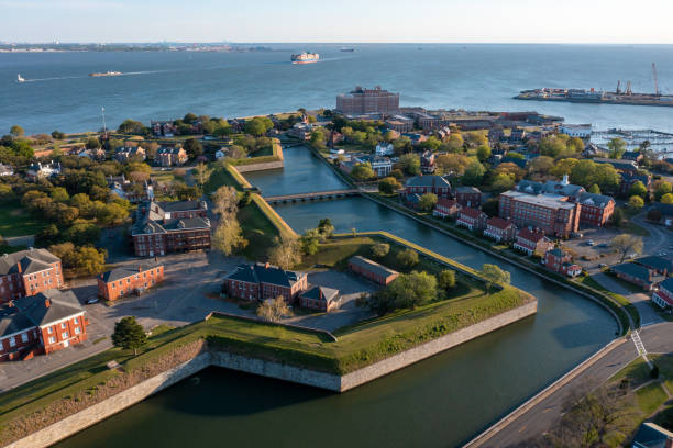 Aerial View of the Fort Monroe National Historic Site looking out toward the James River Aerial View of the Fort Monroe National Historic Site looking out toward the James River hampton virginia photos stock pictures, royalty-free photos & images