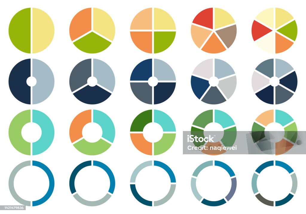 Conjunto de gráficos de demonstração de vetores, ícones da barra de progresso do círculo para a coleção de infográficos e diagramas de cores com 2,3,4,5,6 seções ou etapas,UI, apresentação de negócios de web design - Vetor de De tamanho médio royalty-free