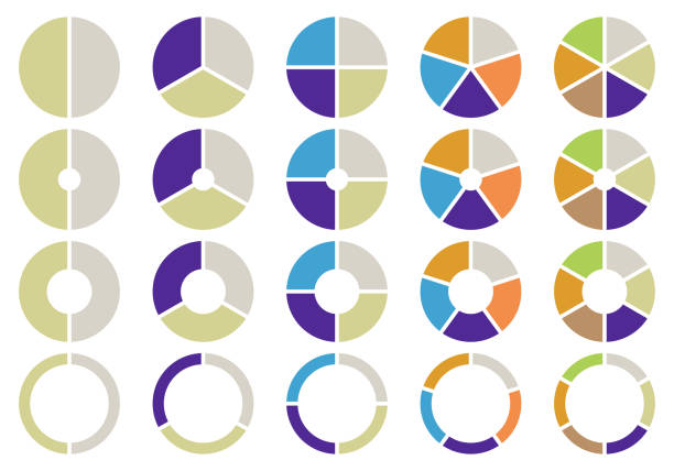 zestaw wykresów kołowych ilustracji wektorowych, ikony kół do infografiki, kolekcja diagramów kolorów z sekcjami lub krokami 2,3,4,5,6, interfejs użytkownika, prezentacja biznesowa do projektowania stron internetowych - średnia sekcja stock illustrations