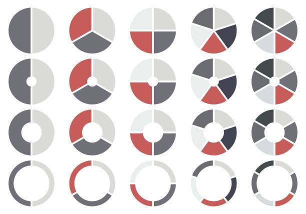 zestaw wykresów kołowych postępu ilustracji wektorowej, udostępnianie ikon kół dla infografiki, zbieranie diagramów kolorów z sekcjami lub krokami 2,3,4,5,6, interfejs użytkownika, prezentacja biznesowa projektowania stron internetowych - średnia sekcja stock illustrations