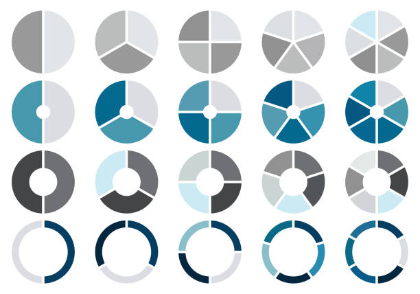 zestaw wykresów kołowych ilustracji wektorowych, ikony kół do infografiki, kolekcja diagramów kolorów z sekcjami lub krokami 2,3,4,5,6, interfejs użytkownika, prezentacja biznesowa do projektowania stron internetowych - średnia sekcja stock illustrations