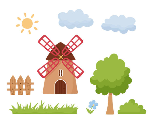 白い背景に隔離されたベクター漫画風車、フェンス、木、草。フラットでかわいいミルイラスト。オランダの田舎の建物 - netherlands windmill farm farmhouse点のイラスト素材／クリップアート素材／マンガ素材／アイコン素材