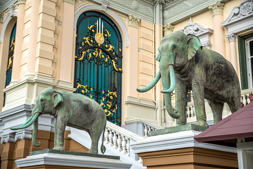 Elephant statue at Chakri Maha Prasat Throne Hall close Grand Palace same area with Wat Phra Kaeo, Bangkok, Thailand.