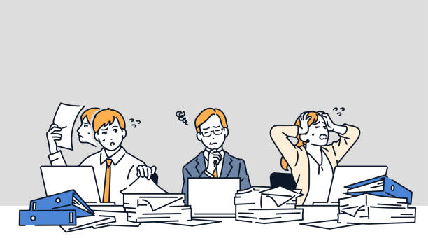 ilustrações de stock, clip art, desenhos animados e ícones de business people who are not going paperless - frowning