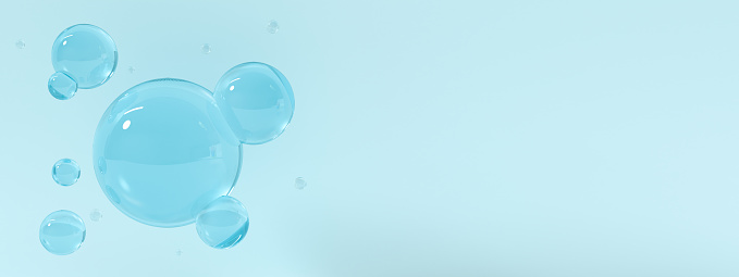 Blue ball 3d rendering illustration of beautiful glass liquid soap bubble water background texture banner. Sphere abstract design. Nature creative idea minimal scene.