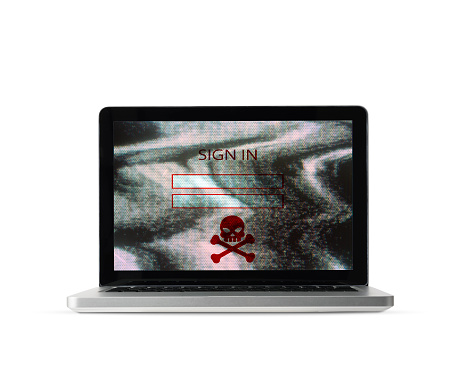 Isolated shot of laptop with sign-in form and warning skull on white background.
Information security concepts.