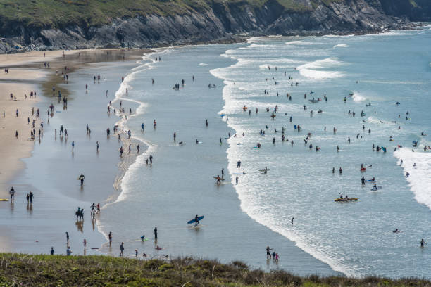Scenic views over the Towns beaches at Newquay, Cornwall on a sunny mid September day.