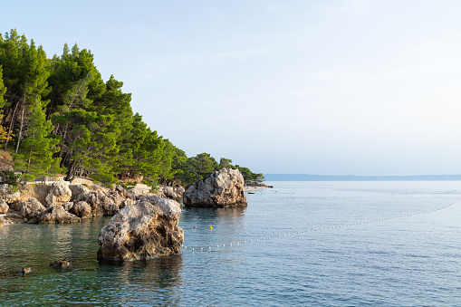 Brela stone with pine trees on the surface surrounded by the waters of the Adriatic Sea in Croatia.