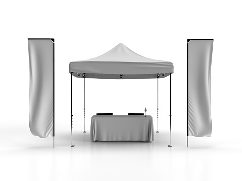 Front view of a Gazebo Tent with Telescopic advertising banner flags and a table cloth with two directors chairs and a table flag on top of the table. Isolated on a white background for mockup and illustrations as a graphic resource for graphic designers.