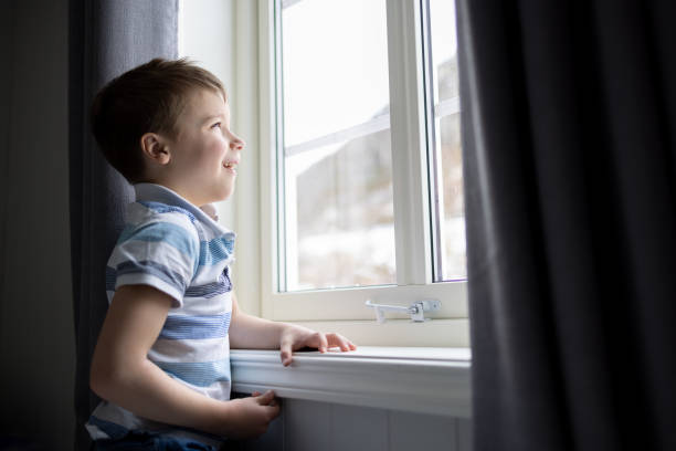 istock Profile view of happy boy looking through window 1421511511