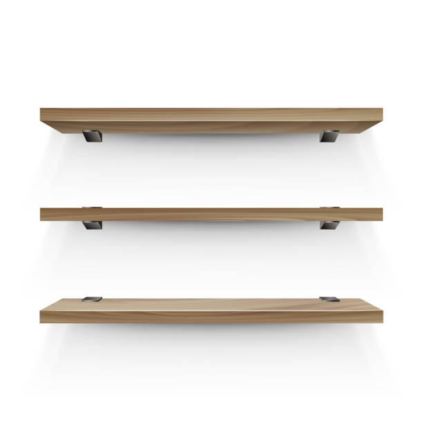 istock Wooden shelf mockup. Three empty shelves template. Realistic bookshelf design. 1421512514