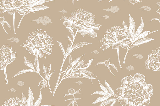 Beautiful seamless pattern in chinese style with hand drawn luxurious Peonies flowers and clouds on a beige background. Vector illustration of white Peonies. Floral elements  for textile design