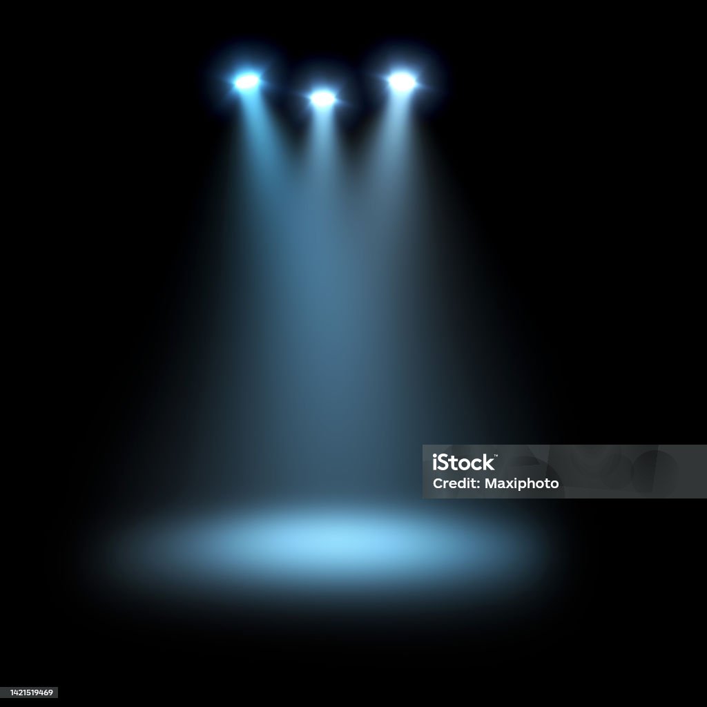 Three bright spotlights effect on stage, for image editing and overlay Three bright and shining spotlights projecting volume lights and illuminating a stage, isolated on a black background. Special effect for image editing, photo retouch, overlay and screen blend modes. No people with copy space. Spot Lit Stock Photo