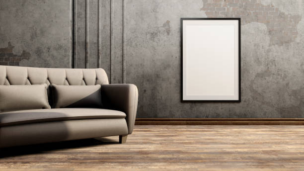 istock Old Wall Background With Cozy Gray Sofa And Wall Frame. Minimalist Interior Design In Living Room. 3D Render 1421522021