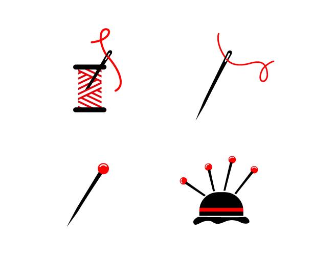 ilustraciones, imágenes clip art, dibujos animados e iconos de stock de iconos configurados para sastre. aguja de recolección con hilo rojo. caja de agujas. - sewing box