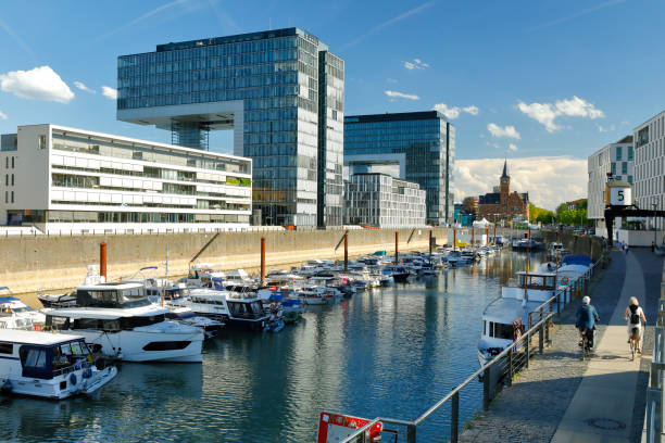 Small marina in Rheinauhafen district in late summer light