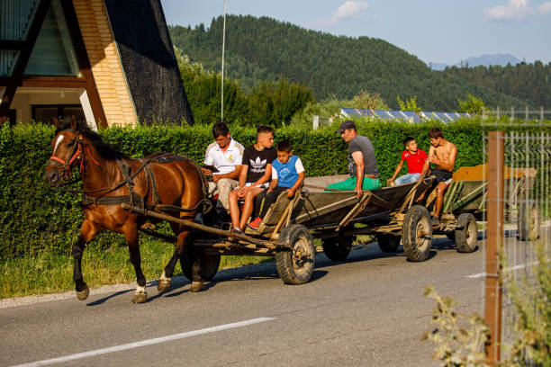 people on a  horse carriage in Oberkerz in Romania stock photo