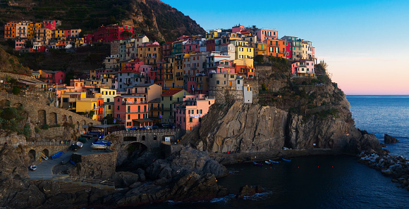 View on the colorful houses of Manarola, La Spezia  from sea view  at Italy