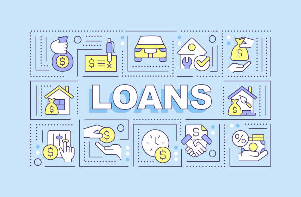 Loans word concepts blue banner Loans word concepts blue banner. Banking products for customers. Infographics with editable icons on color background. Isolated typography. Vector illustration with text. Arial-Black font used types of loans stock illustrations