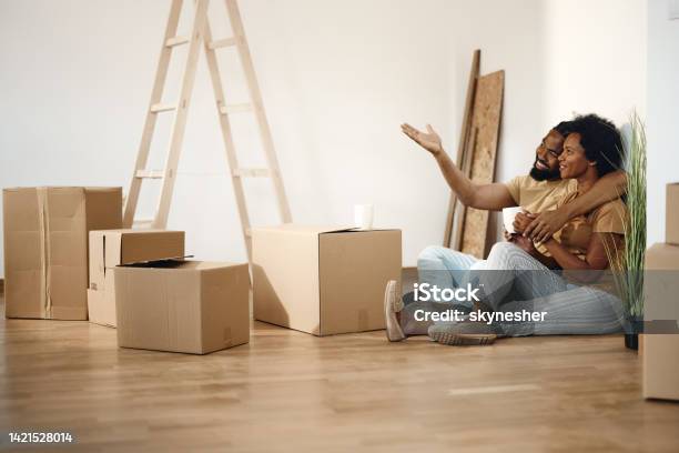 Happy Black Couple Making Plans After Moving Into A New Apartment Stock Photo - Download Image Now