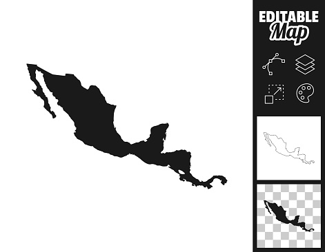 Map of Central America for your own design. Three maps with editable stroke included in the bundle: - One black map on a white background. - One line map with only a thin black outline in a line art style (you can adjust the stroke weight as you want). - One map on a blank transparent background (for change background or texture). The layers are named to facilitate your customization. Vector Illustration (EPS file, well layered and grouped). Easy to edit, manipulate, resize or colorize. Vector and Jpeg file of different sizes.
