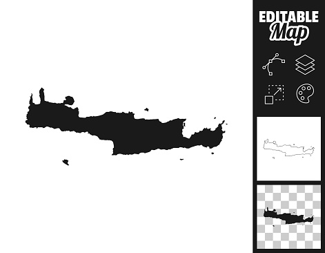 Map of Crete for your own design. Three maps with editable stroke included in the bundle: - One black map on a white background. - One line map with only a thin black outline in a line art style (you can adjust the stroke weight as you want). - One map on a blank transparent background (for change background or texture). The layers are named to facilitate your customization. Vector Illustration (EPS file, well layered and grouped). Easy to edit, manipulate, resize or colorize. Vector and Jpeg file of different sizes.