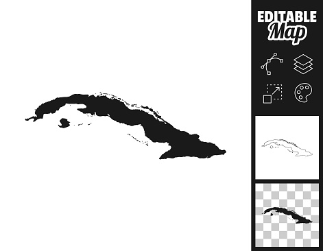 Map of Cuba for your own design. Three maps with editable stroke included in the bundle: - One black map on a white background. - One line map with only a thin black outline in a line art style (you can adjust the stroke weight as you want). - One map on a blank transparent background (for change background or texture). The layers are named to facilitate your customization. Vector Illustration (EPS file, well layered and grouped). Easy to edit, manipulate, resize or colorize. Vector and Jpeg file of different sizes.