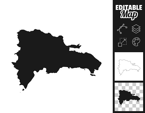 Map of Dominican Republic for your own design. Three maps with editable stroke included in the bundle: - One black map on a white background. - One line map with only a thin black outline in a line art style (you can adjust the stroke weight as you want). - One map on a blank transparent background (for change background or texture). The layers are named to facilitate your customization. Vector Illustration (EPS file, well layered and grouped). Easy to edit, manipulate, resize or colorize. Vector and Jpeg file of different sizes.