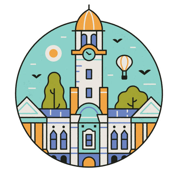 Museum or College Cultural Landmark Circle Icon American college or high school abstract logo template. Museum or Art Gallery landmark circle icon. City hall or other government building emblem in line art style. clock tower stock illustrations